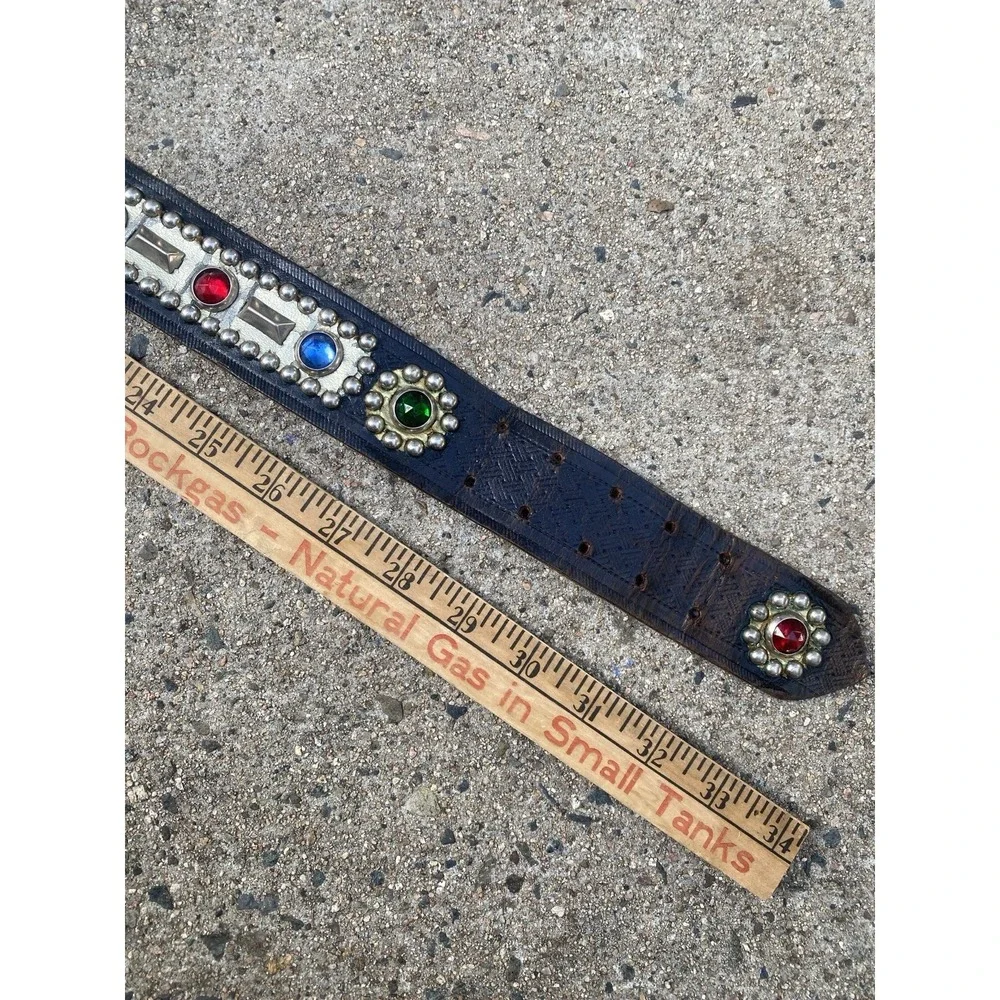 Vintage 40s 50s Studded Jeweled Rockabilly Belt Two-Prong Buckle Leather Black